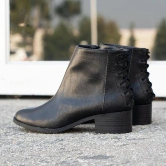 Shoes - Black leather ankle booties lace design boots